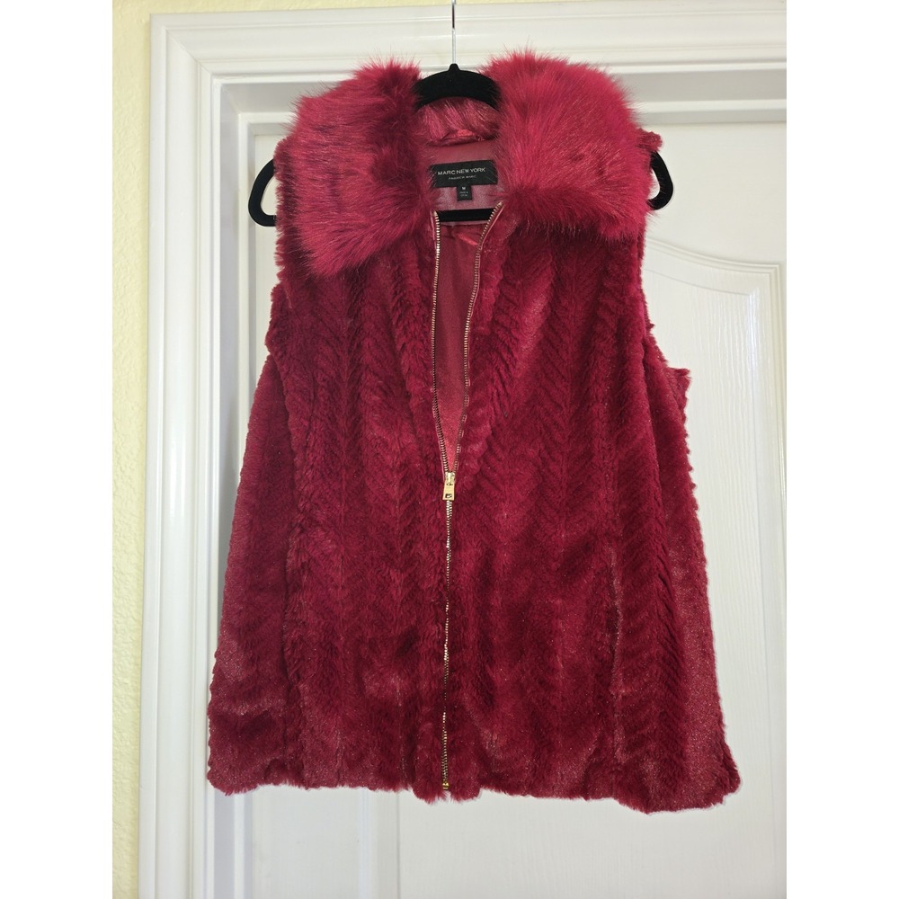Marc New York Faux Fur Vest Burgany Mob Wife Gorgeous Maroon Ruby Cranberry Glam